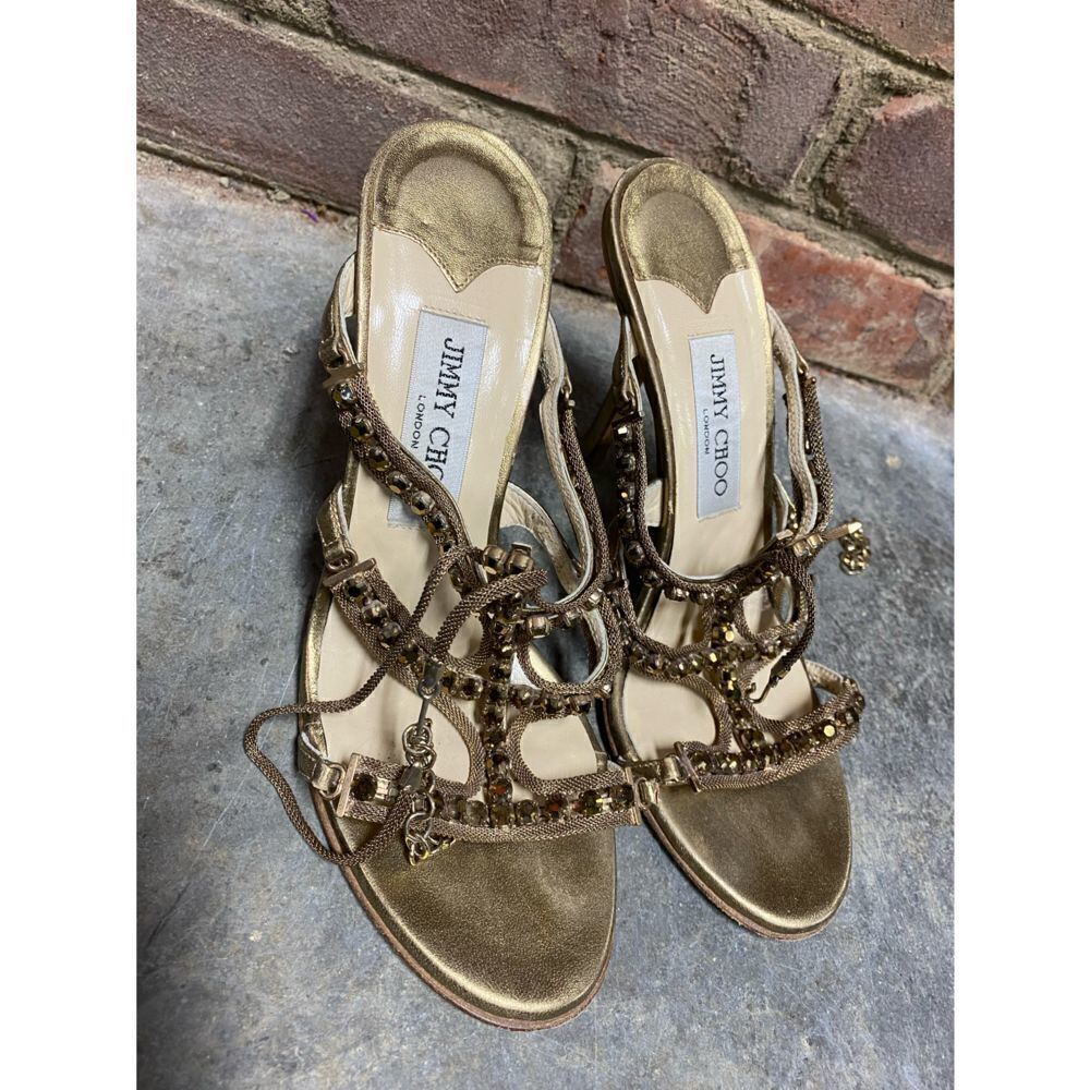 Jimmy Choo Gold Metallic Leather And Jewel Embellished Strappy Sandals - Picture 11 of 12